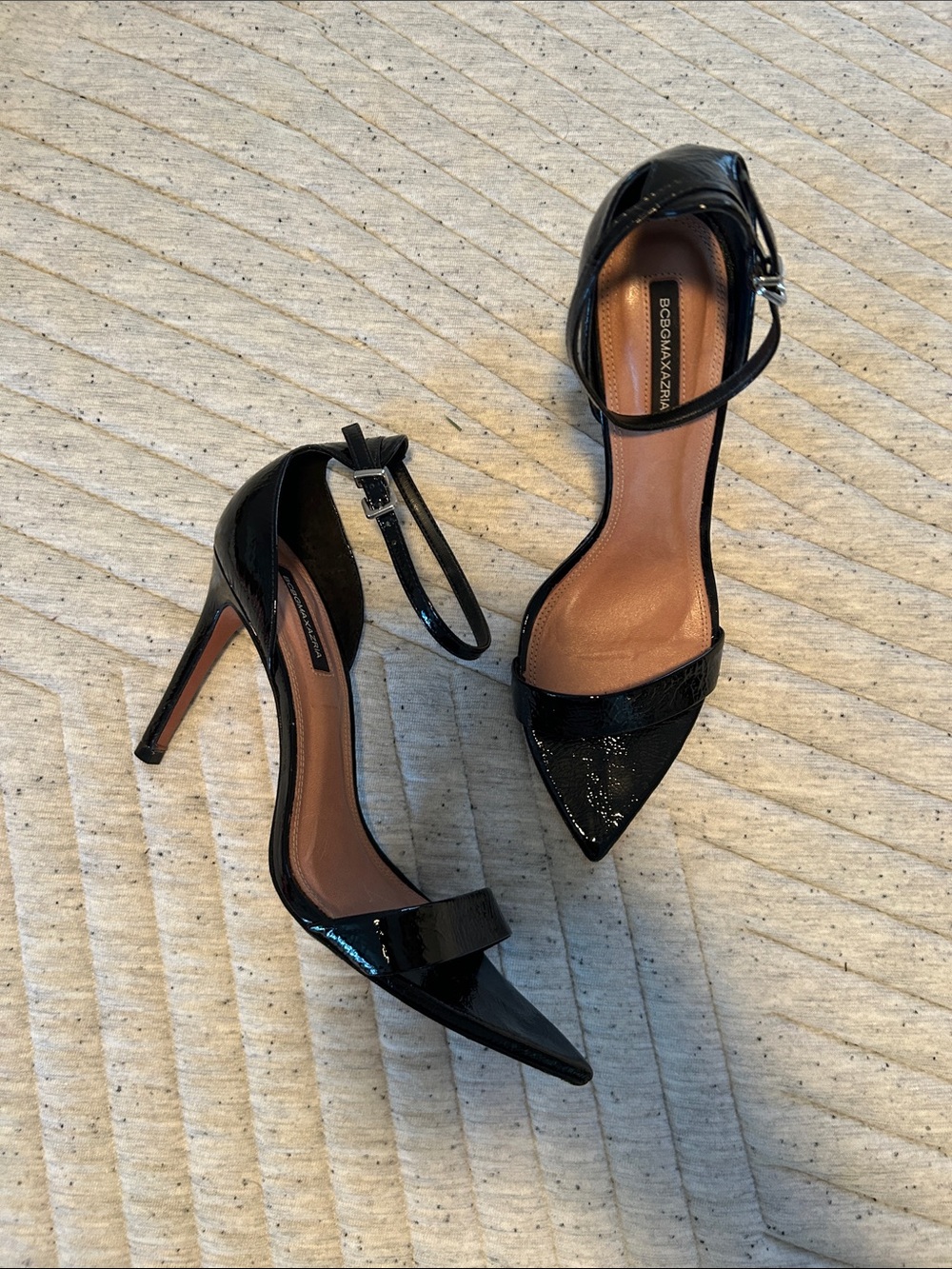 BCBGMaxAzria Black Real Patent Leather Pointed Toe Ankle-Strap Heels